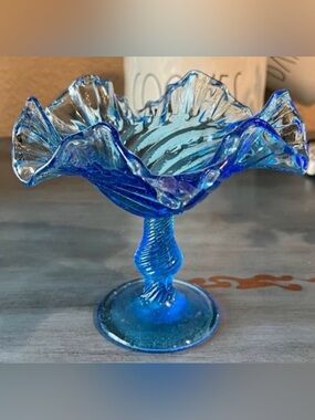 Vintage Blue Swirl Art Glass Pedestal Compote | Ruffled Edge | Hand Blown